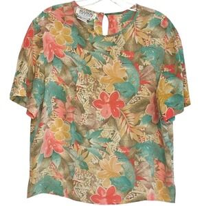 Allison Taylor 100% Silk Floral Blouse Short Sleeve Red Yellow Teal Tan Top SZ M